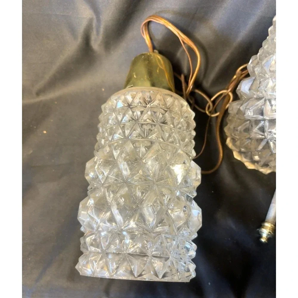 Vintage Double Pendant Ceiling Light Brass Plated Daisy Button Glass Hanging Fix